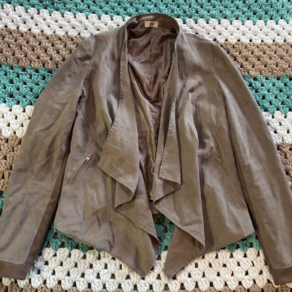 Brown Handkerchief Ruffle Faux Suede Jacket Womans sz Medium